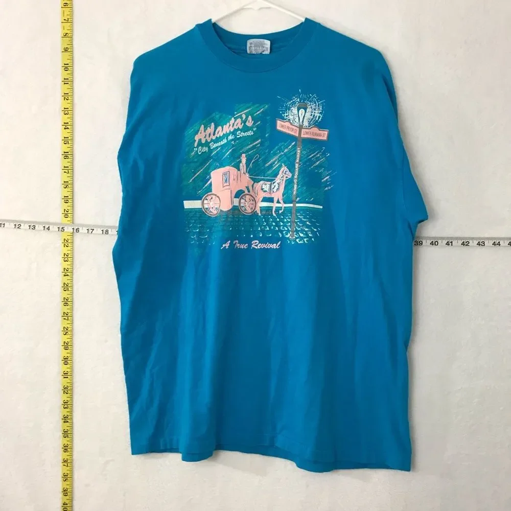 Vintage 90s Hanes Beefy XL Blue/Teal Tshirt Atlanta's City Beneath The Streets